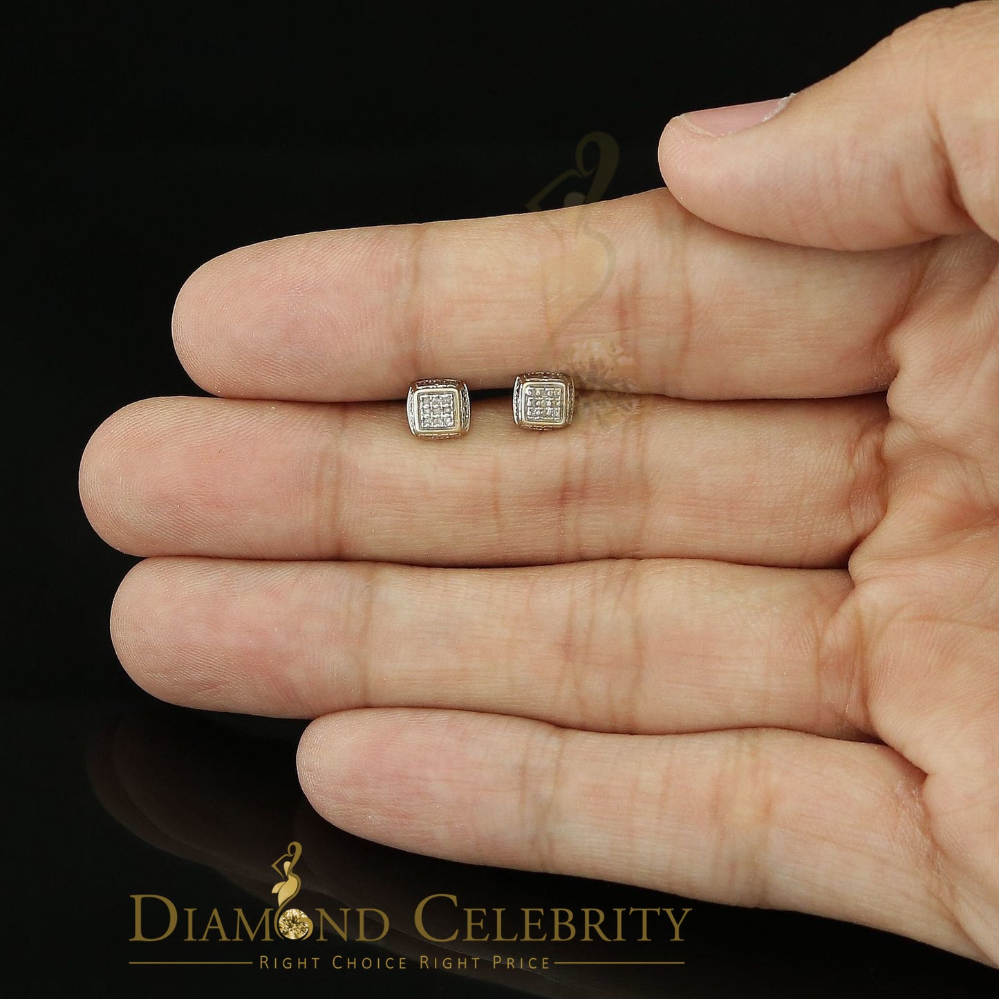 DiamondCelebritees 0.05ct Diamond Square Earrings For Women Yellow 925 Sterling Silver Stud For Men