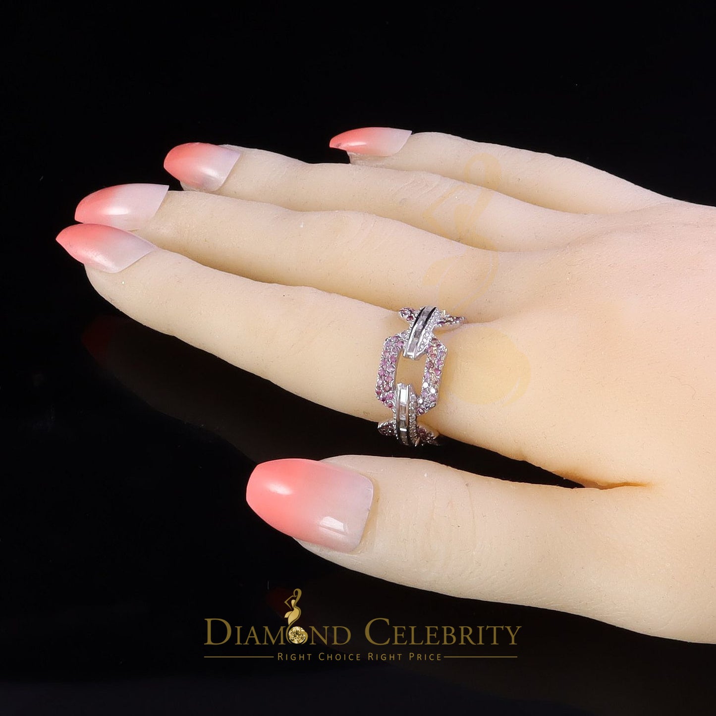 DiamondCelebritees 2.50CT Women's Pink Moissanite VVS D 925 Silver White Baguette RD Ring Sz8