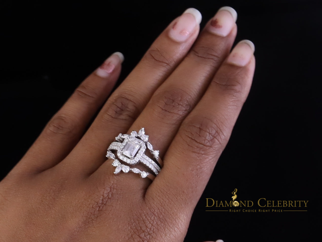 DiamondCelebritees 925 Silver Moissanite White 2.0ct Emerald Cut Round Guard Wrap womens Rings SZ 7