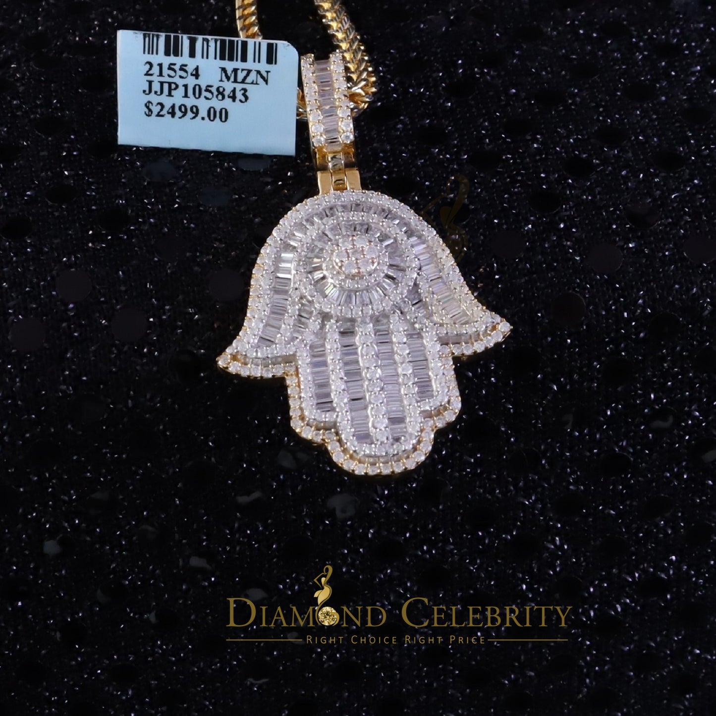 Diamondcelebritees 4.00ct VVS D Hamsa Baguette Silver Moissanite Yellow Pendant For Mens/Womens