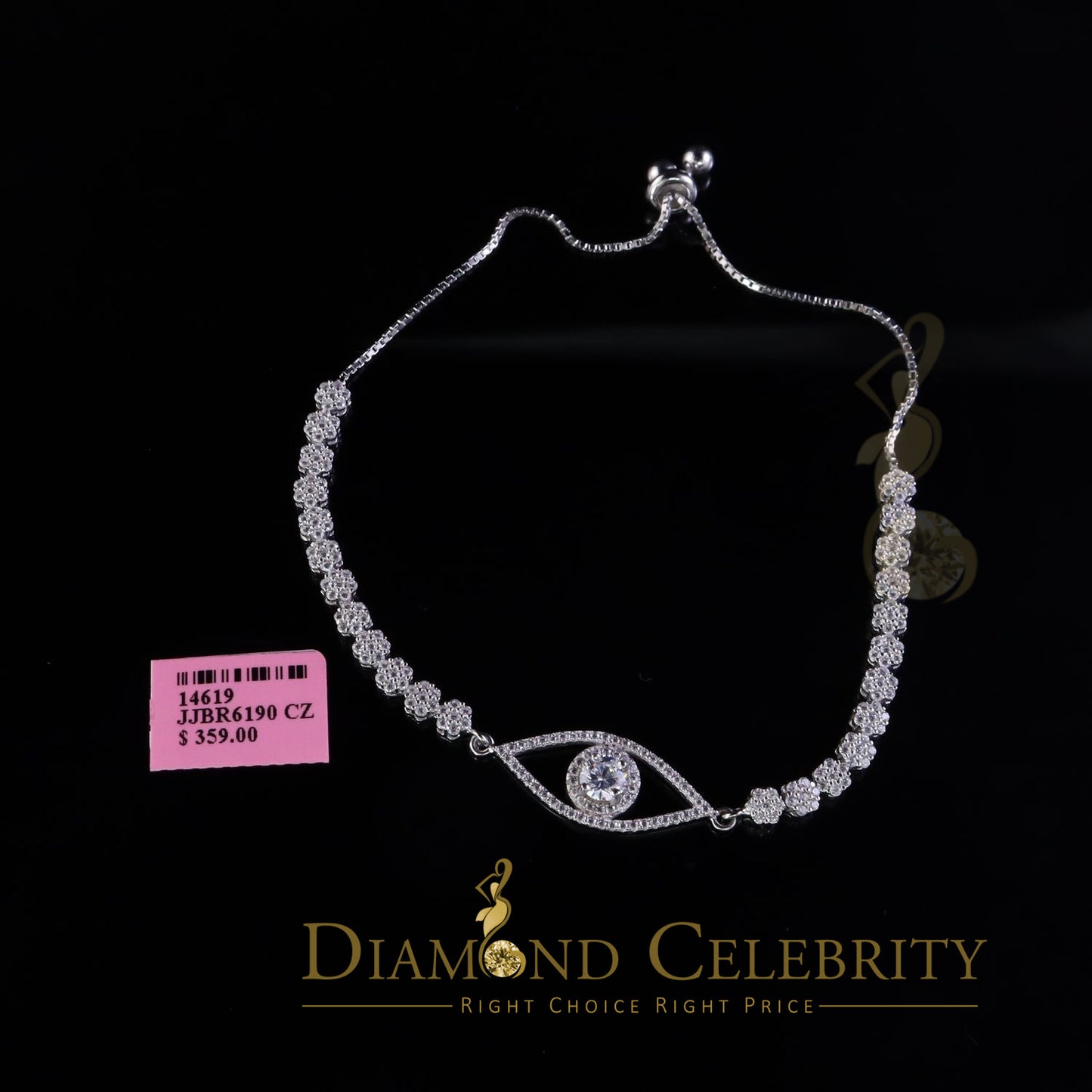 Diamondcelebritees White 925 Silver Eye Shape Bracelet Cubic Zirconia Adjustable Size 7 Inches