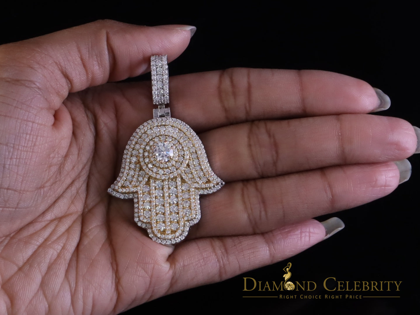 Diamondcelebritees Big 5CT VVS D Moissanite White 2.5 Inch Silver Charm Hamsa Pendant for Men/Women