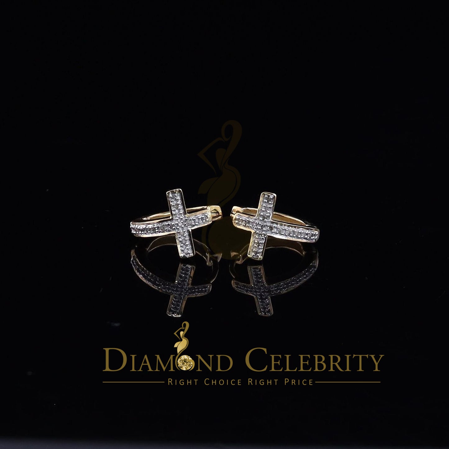 DiamondCelebritees 0.15ct Diamond 925 Sterling Silver Yellow Hoop Stud cross Earring For Men /Women