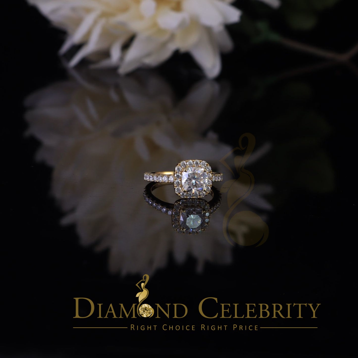 King Of Blings 10K Yellow Gold 2.50CT 'VVS' 'FL' D clr Moissonite Womens Cushion Cut Ring S/7