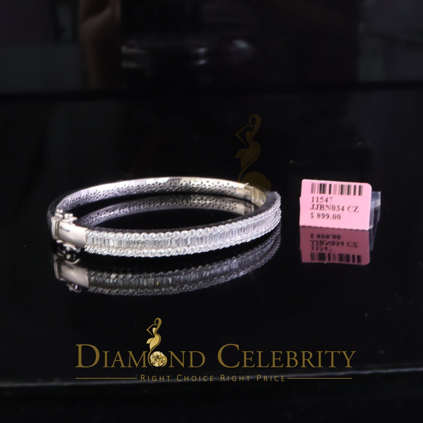 DiamondCelebritees 4.00ct CZ White 925 Silver Baguette and Round 2.25 inch Bangle Bracelet Women