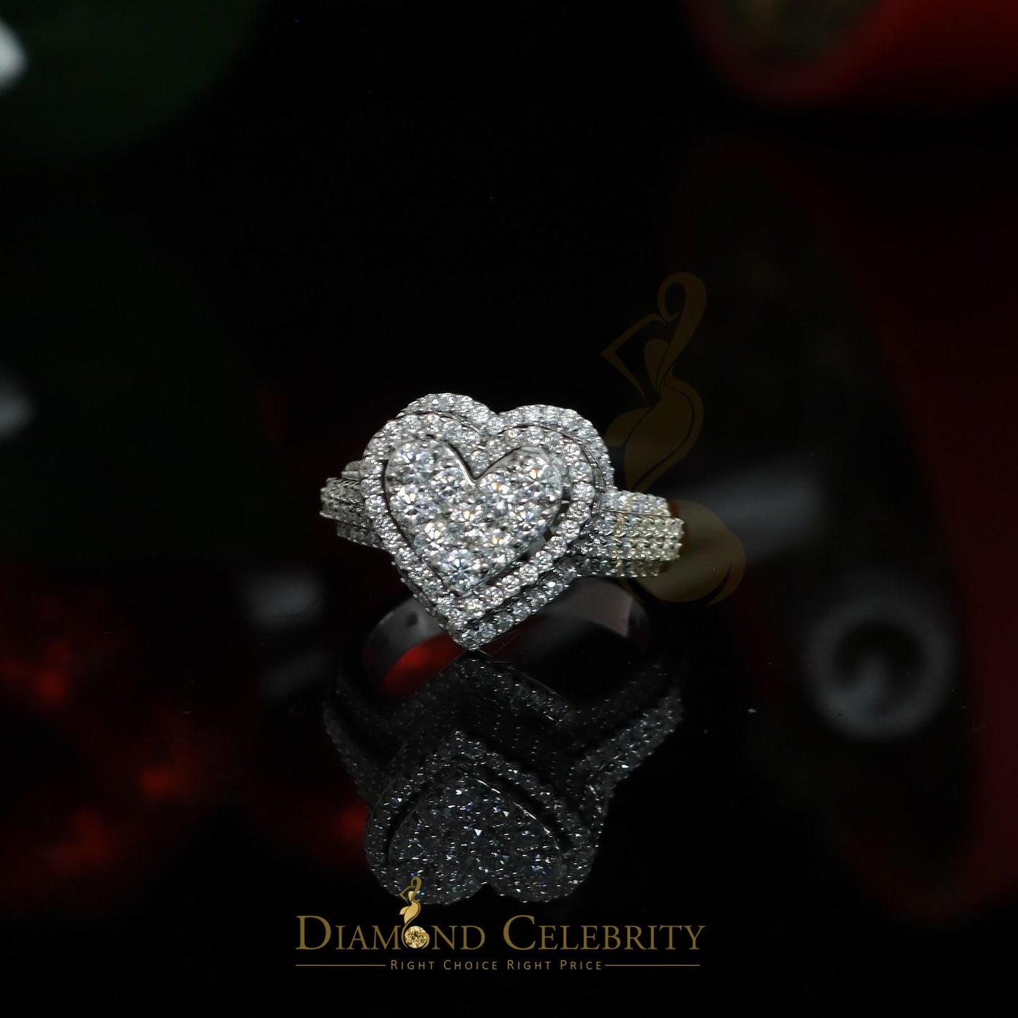 DiamondCelebritees 2.50CT Women's 925 Silver White VVS 'D' Moissanite 3D Heart Shape Ring Size7