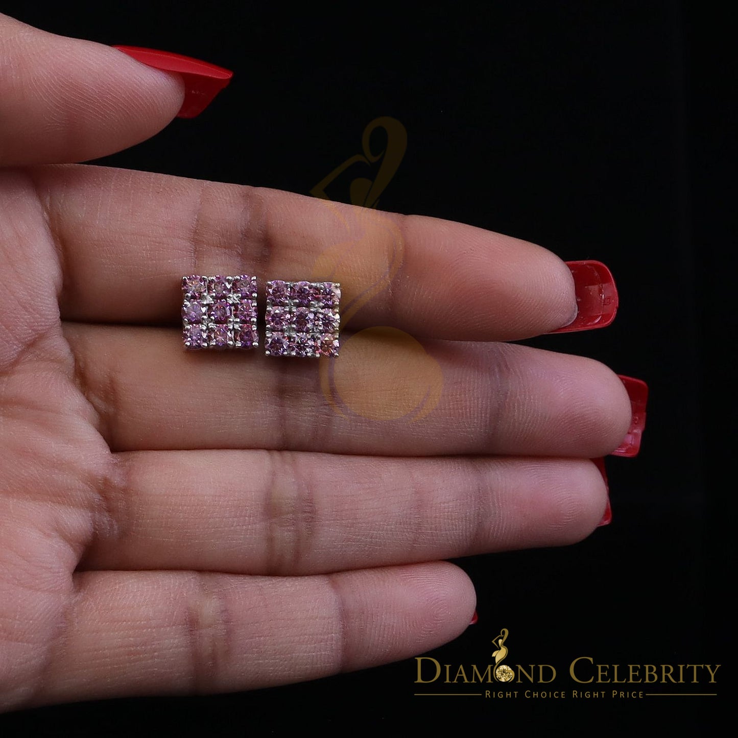 Diamondcelebritees 925 Silver White 2.25ct VVS D Pink Moissanite Men's/Women's Square Stud Earrings