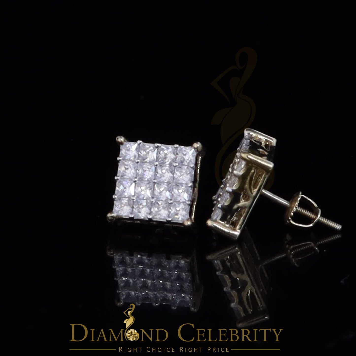 DiamondCelebritees 925 Yellow Silver 2.88ct Cubic Zirconia Women's & Men's Hip Hop Square Earrings