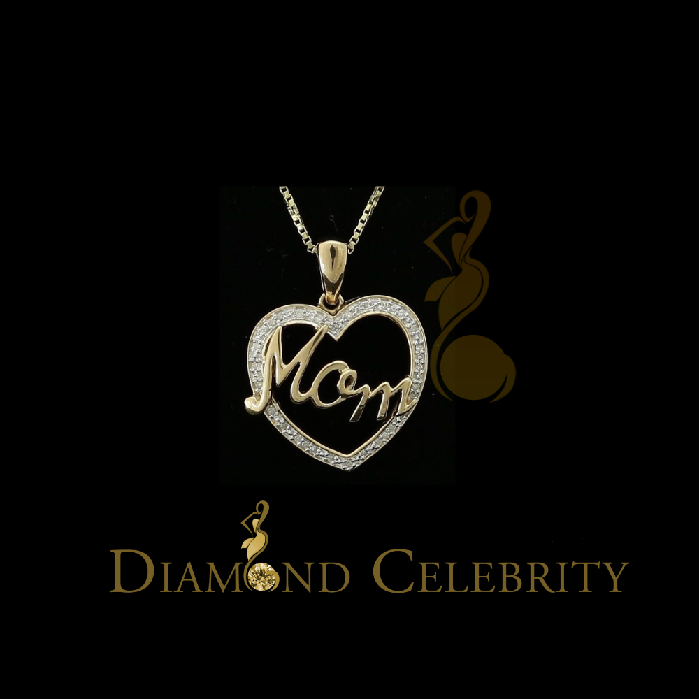DiamondCelebritees Real 0.10ct Diamond Sterling Silver MOM'S HEART Charm Necklace Yellow Pendant