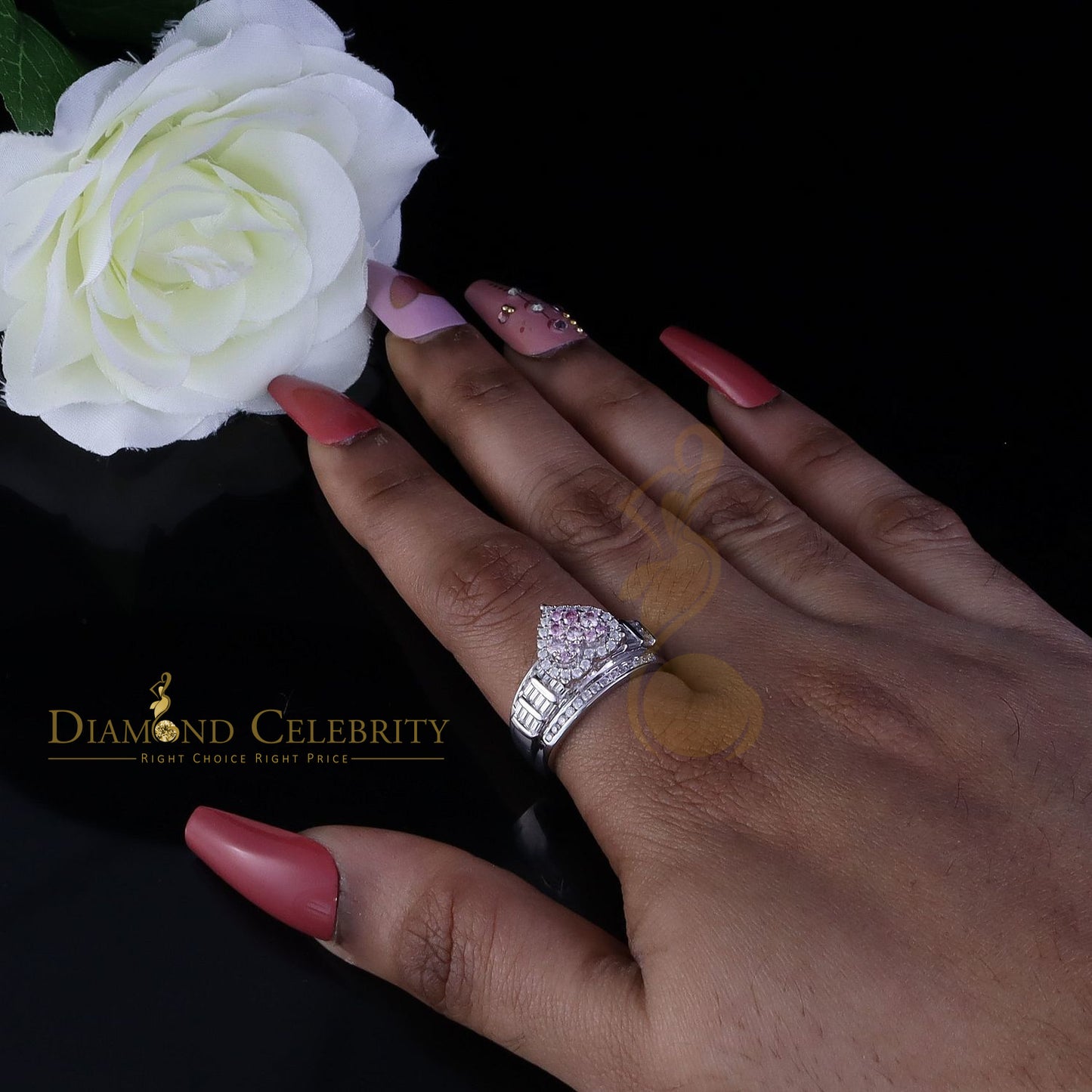 DiamondCelebritees Women 2.50ct 925 Silver VVS 'D' Pink Moissanite White Cinderella HEART Ring SZ 7