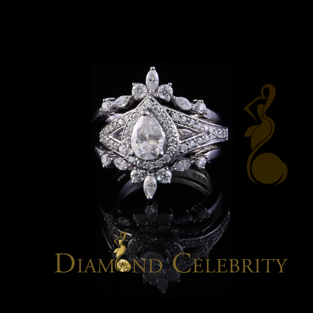 DiamondCelebritees Pear Shape Moissanite Women's 925 Silver White 1.66ct VVS 'D' Ring Guard Size 7