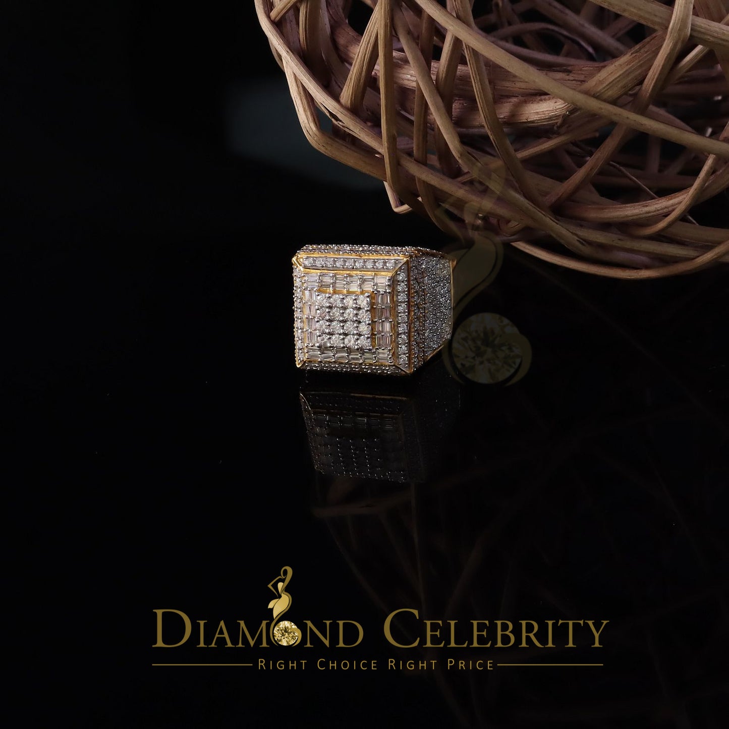 DiamondCelebritees Men's 925 Sterling Silver 5.50ct VVS 'D' Moissanite Yellow Square Rings Size 10