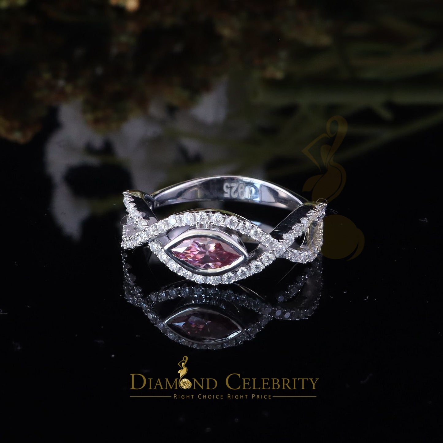 DiamondCelebritees 1.25CT Womens infinity 925 Silver White VVS D PINK Marquis Moissanite Ring SZ8