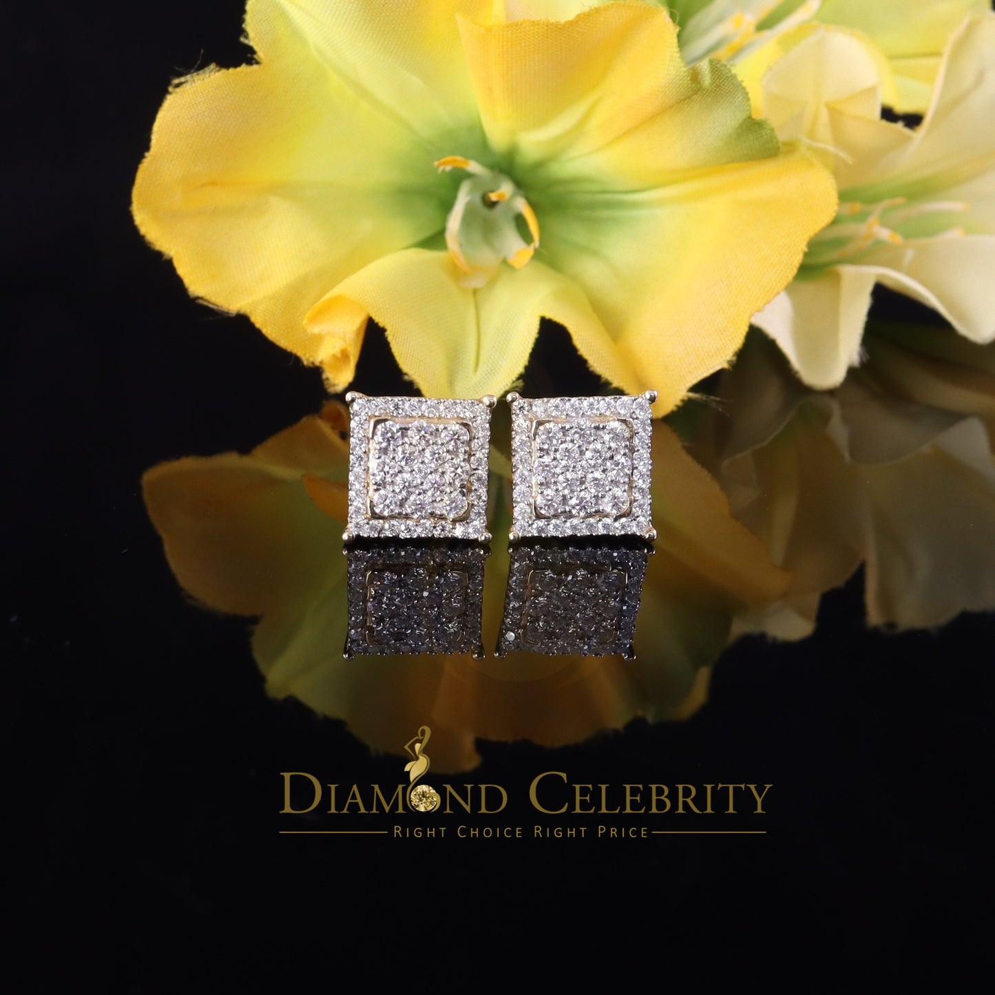DiamondCelebritees Men's/Womens Yellow Silver 1.25ct VVS 'D' Moissanite Square Stud Earrings