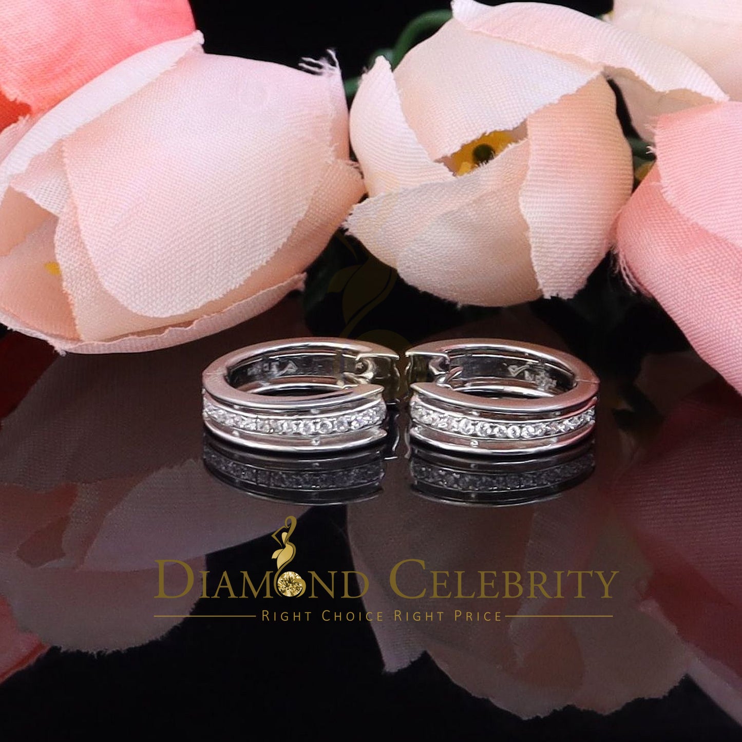 DiamondCelebritees Men's hip hop White 925 Sterling Silver Cubic Zirconia 1 row Huggie Hoop Earring