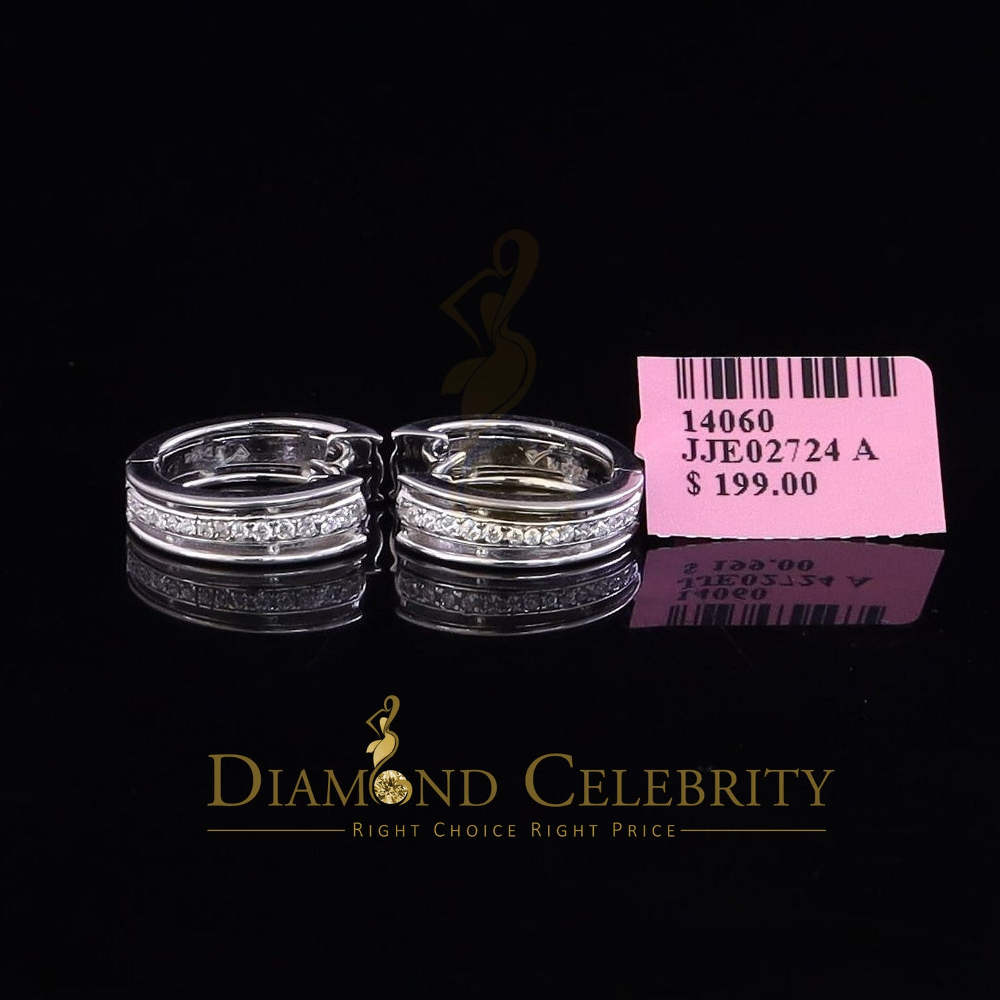DiamondCelebritees Men's hip hop White 925 Sterling Silver Cubic Zirconia 1 row Huggie Hoop Earring