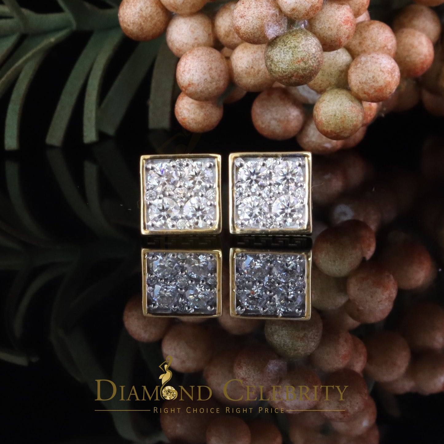 DiamondCelebritees 1.00ct VVS 'D' Moissanite 925 Yellow Silver Square Stud Earring Men's/Womens