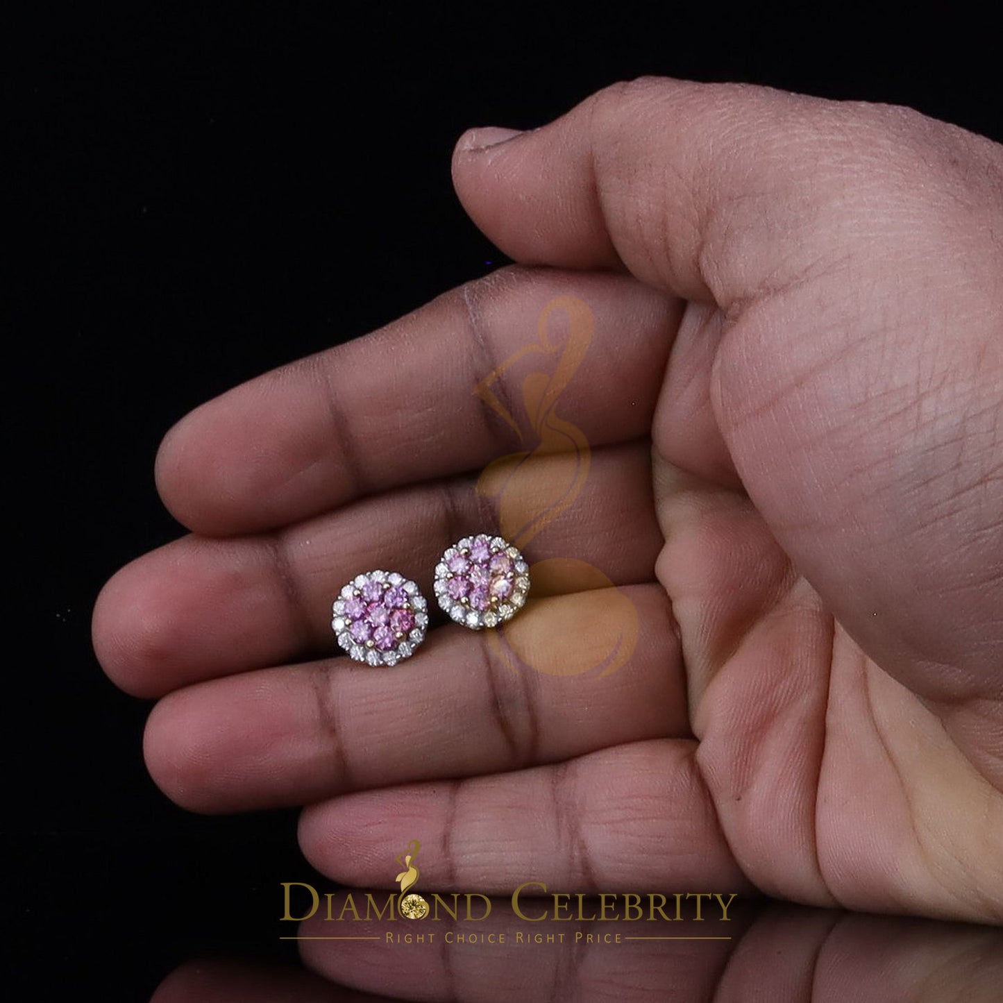 DiamondCelebritees 925 Silver Yellown2.00ct VVS D Pink Moissanite Round Men's/Women's Stud Earrings