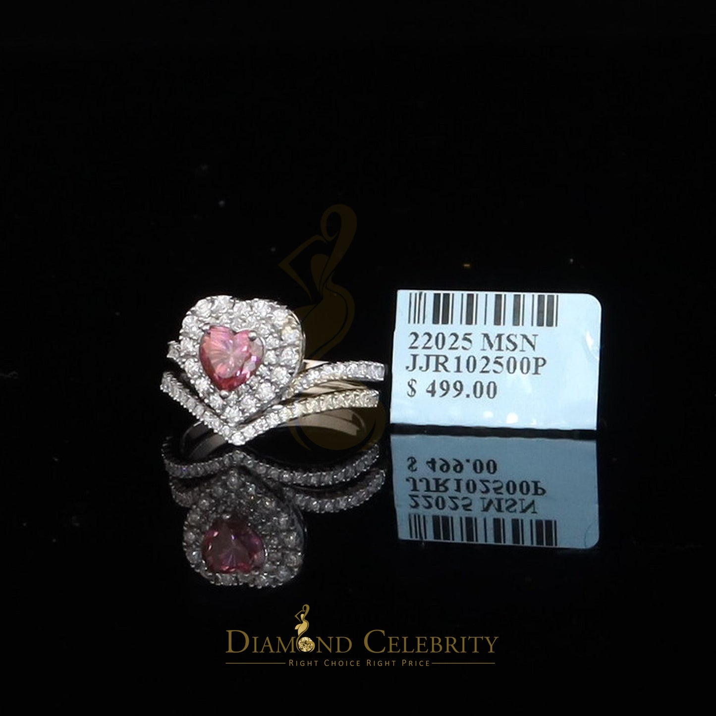 DiamondCelebritees 1.66 CT Women's 925 Silver VVS D Pink & White Moissanite Heart Double Ring SZ 7