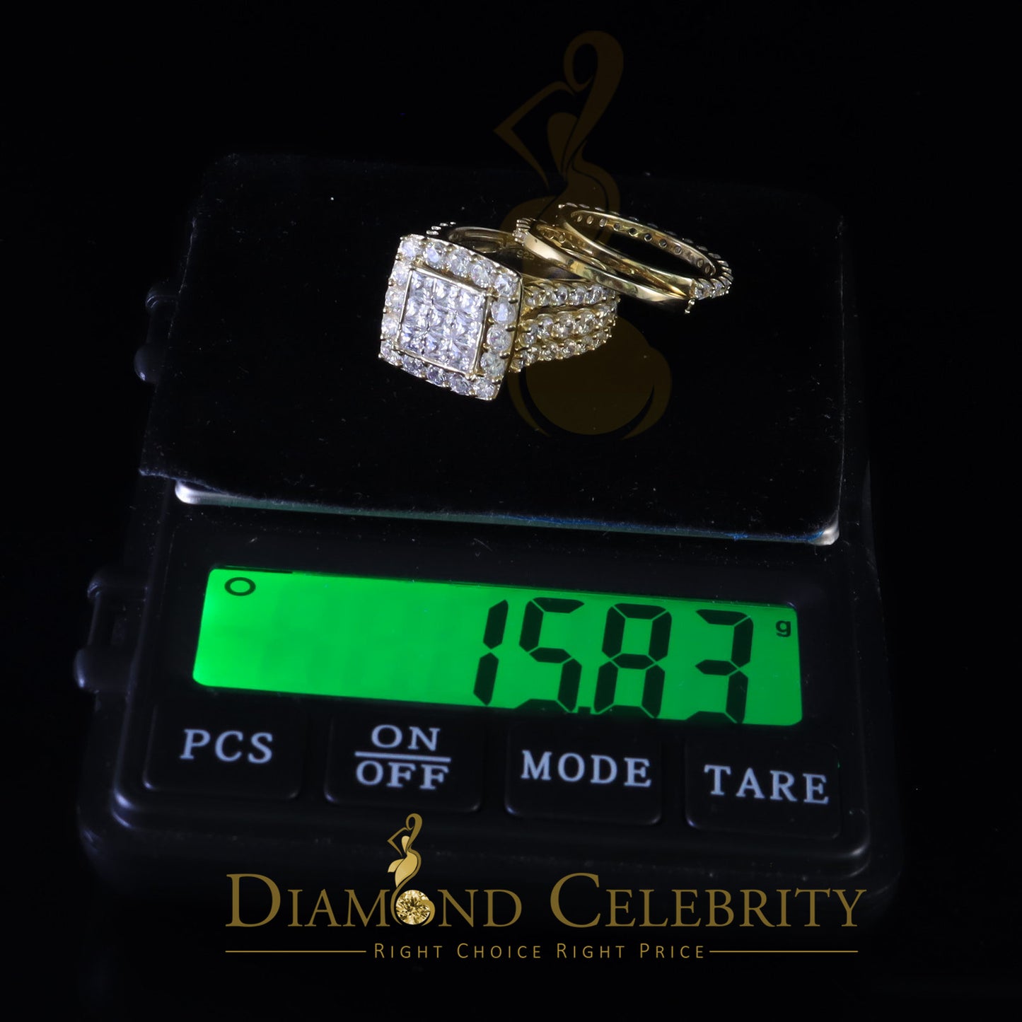 DiamondCelebritees 925 Silver Square Cubic Zirconia 10.92ct 3PC Bridal Yellow Womens Ring SZ 7