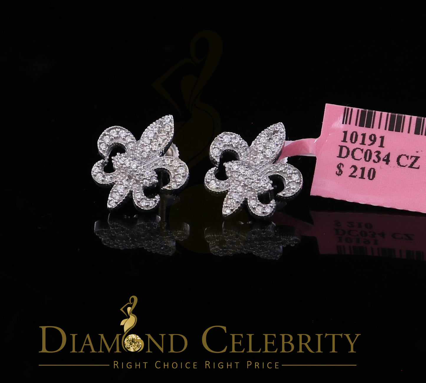 DiamondCelebritees Fleur de Lis White 925 Silver Screw Back 0.96ct Cubic Zirconia Women's Earrings