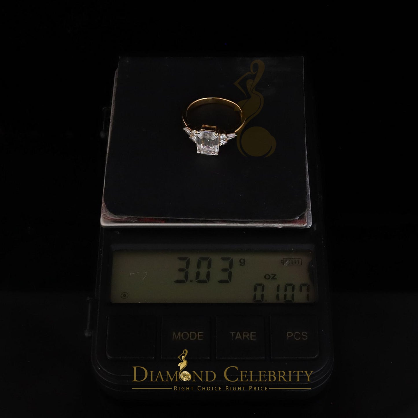 DiamondCelebritees 3.00CT Women's 925 Silver Yellow VVS D Moissanite Emerald-cut Ring SZ 7