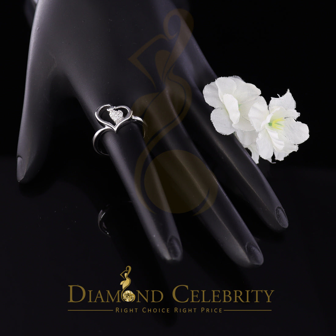 DiamondCelebritees 925 Sterling White Silver 0.10ct Cubic Zirconia Love Heart Women's Ring Size 7