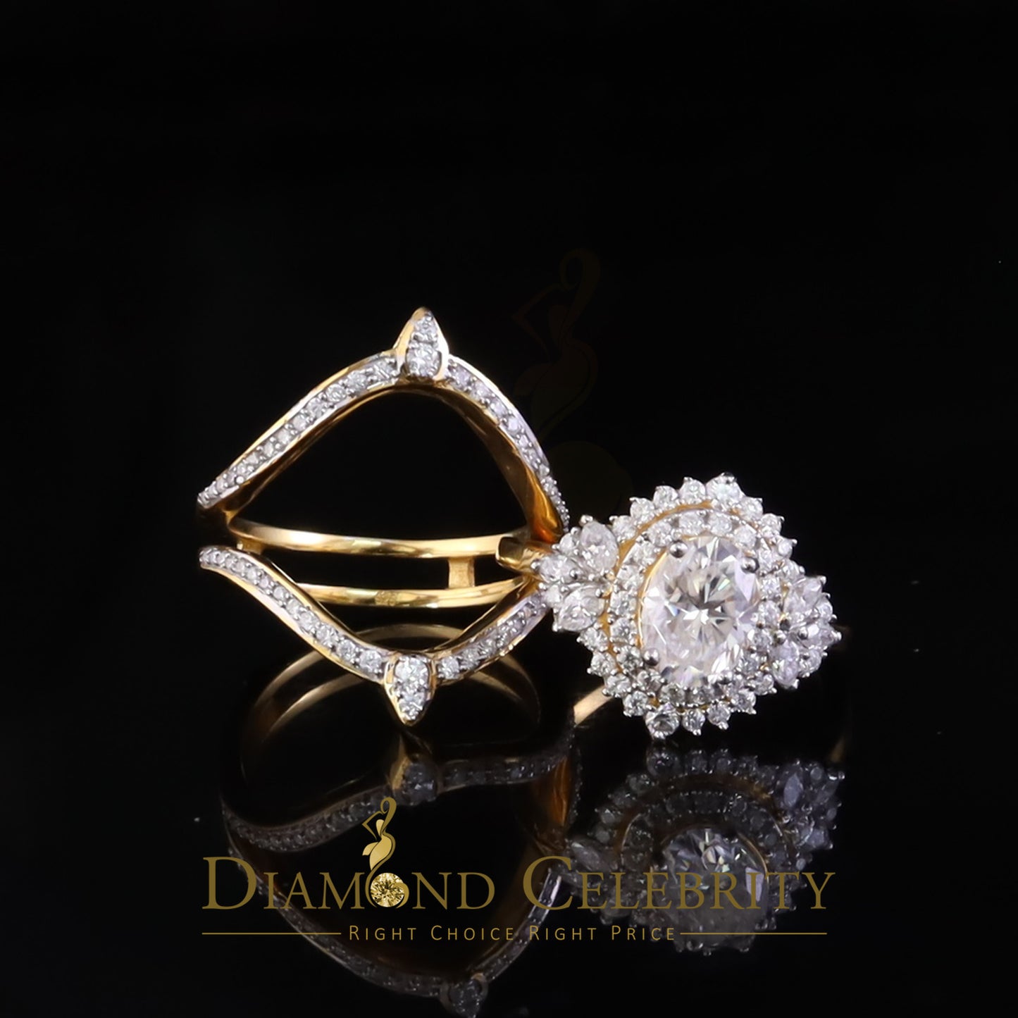 DiamondCelebritees 3.0ct Moissanite Yellow Oval Cut Enhancer 925 Silver Guard Wrap SZ7 Ring Women's