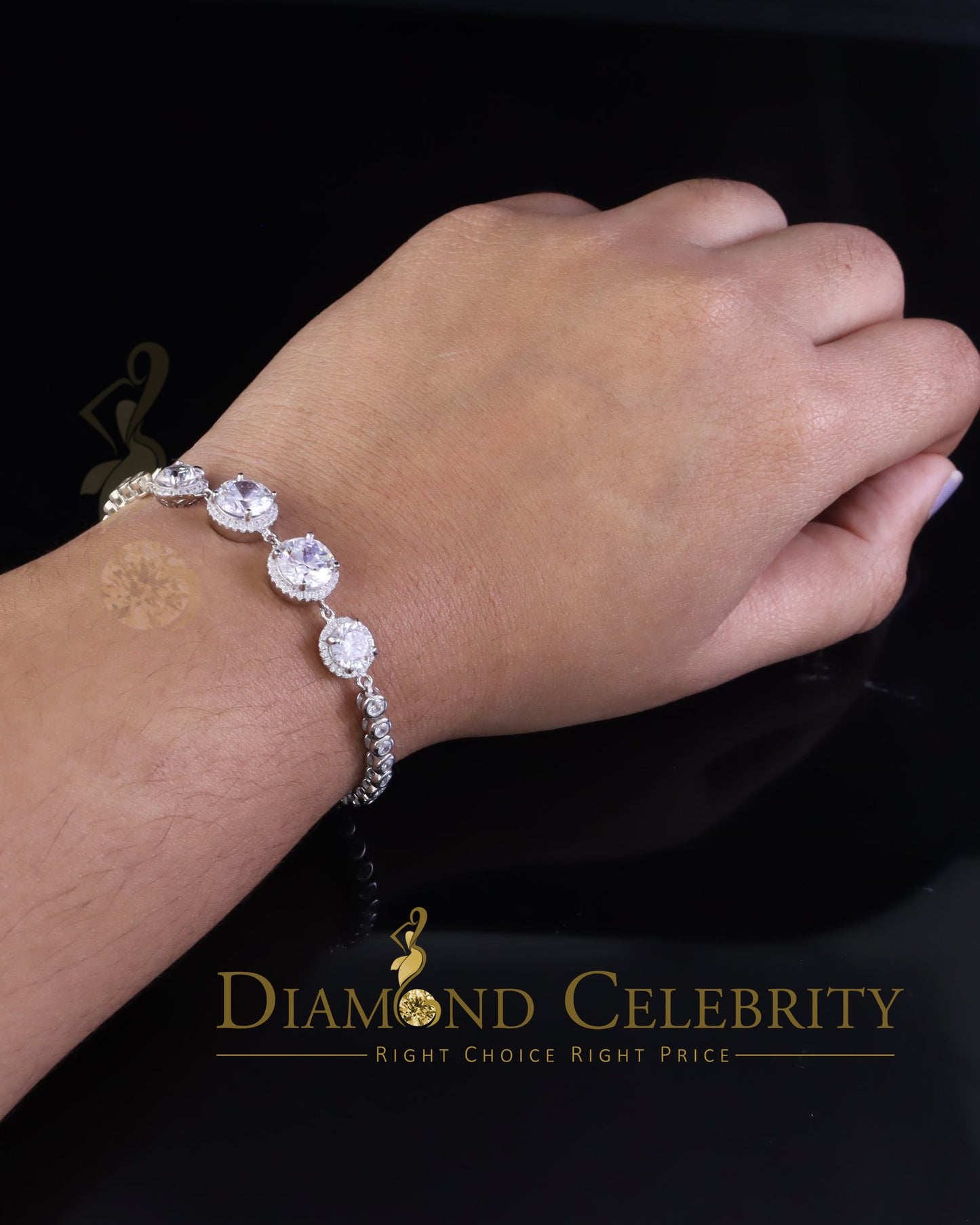 Diamondcelebritees Adjustable Round Solitaire Style White Sterlng Silver Cubic Zirconia Bracelete