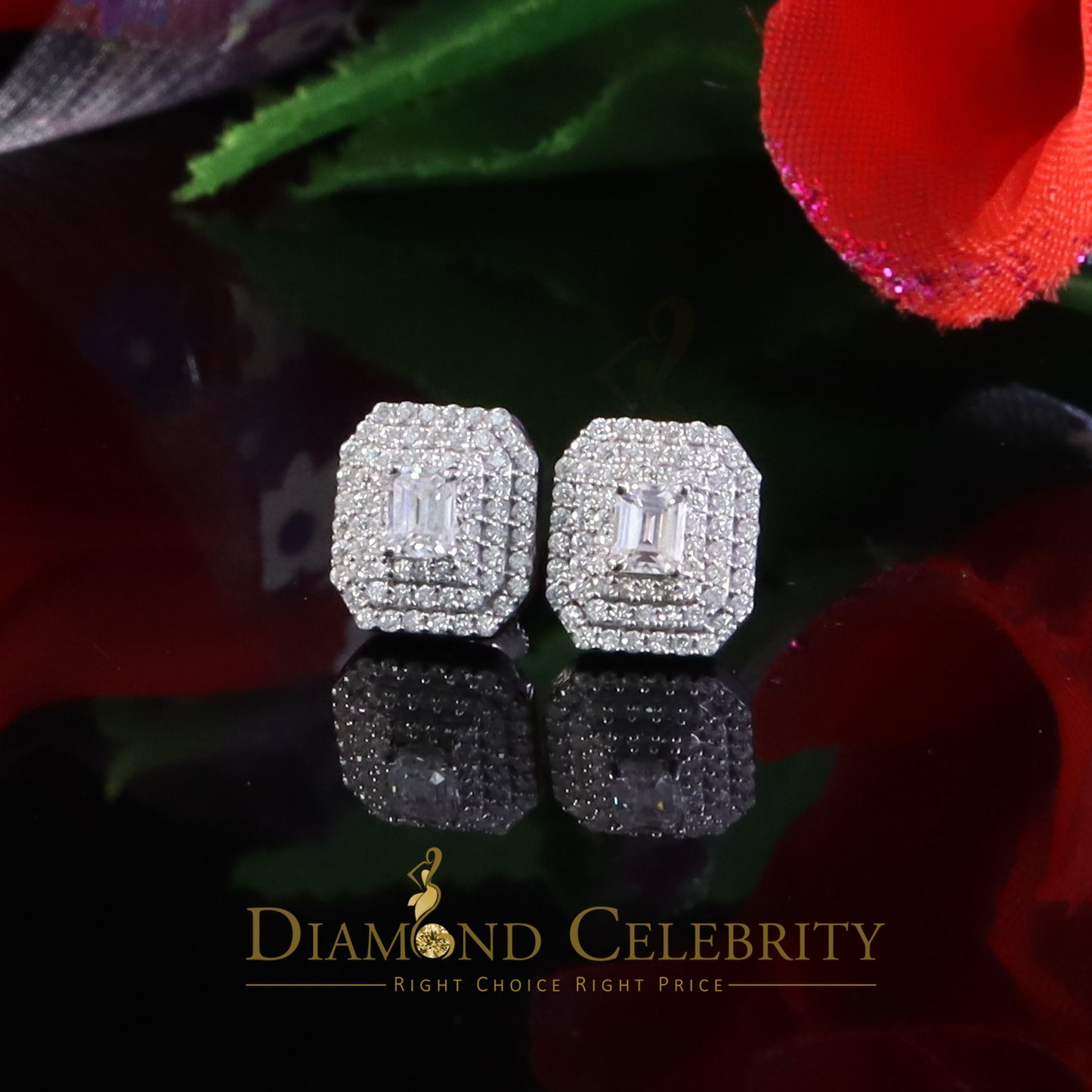 Diamondcelebritees Unisex 1.10ct VVS 'D' Emerald Cut Moissanite 925 Silver White Octagonal Earrings