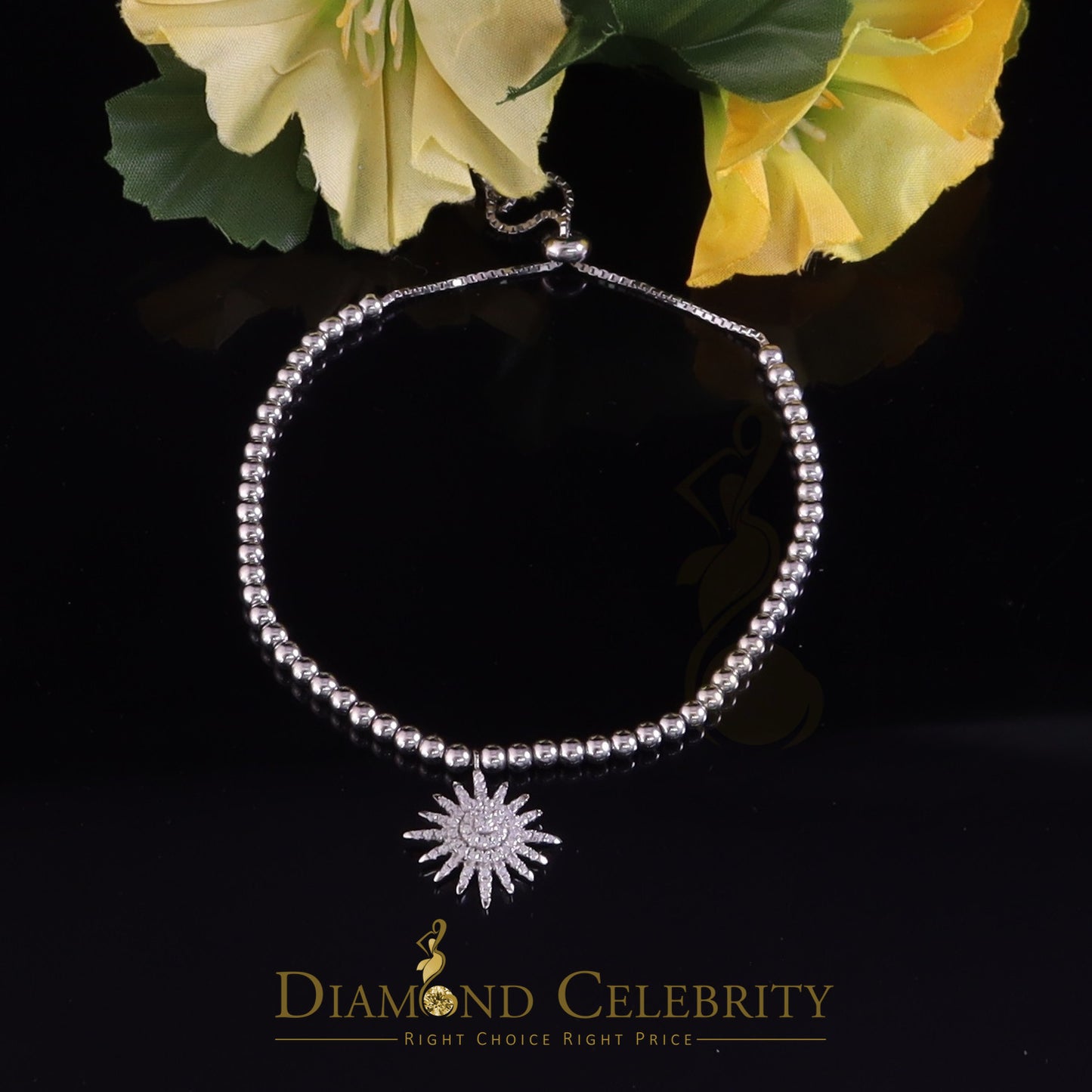 Diamondcelebritees 925 Sterling Silver Cubic Zirconia Sun Shape White Bracelet Adjustable SZ 7 Inch