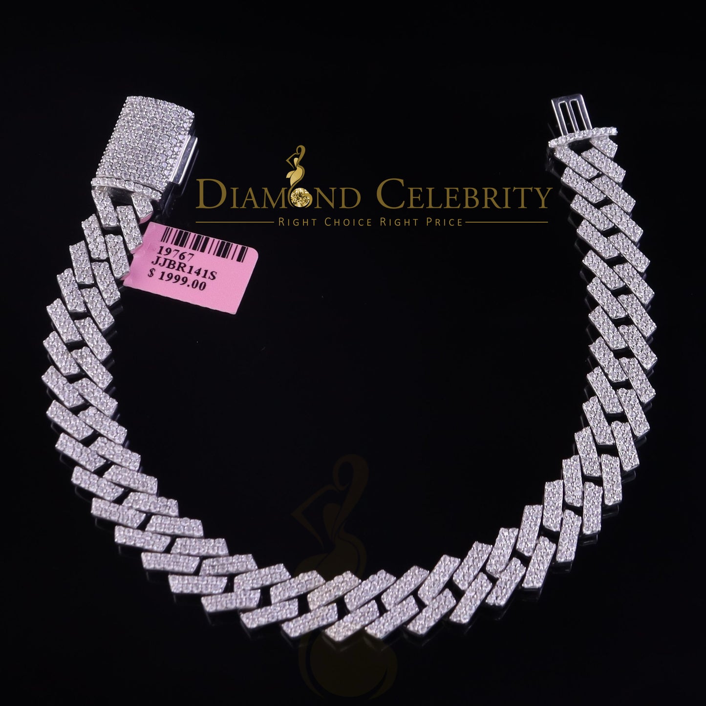 Diamondcelebritees 925 Silver 12.00ct Cubic Zirconia White Cuban Bracelet SZ 8.5inch & 12mm Width