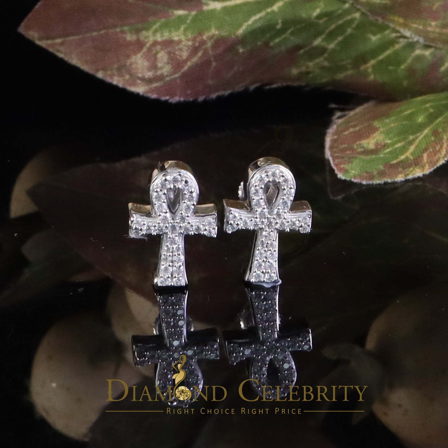 Diamondcelebritees Small White 0.50ct VVS 'D' Moissanite Men's/Womens 925 Silver Ankh Stud Earrings