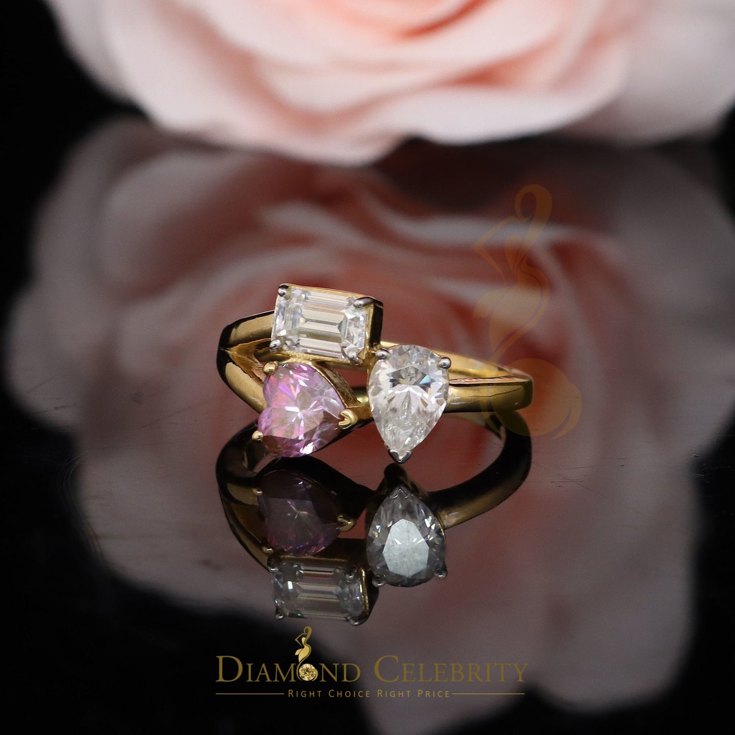 DiamondCelebritees 2.50CT Women's 925 Silver Yellow VVS D Pink & White Moissanite Toi Moi Ring SZ7