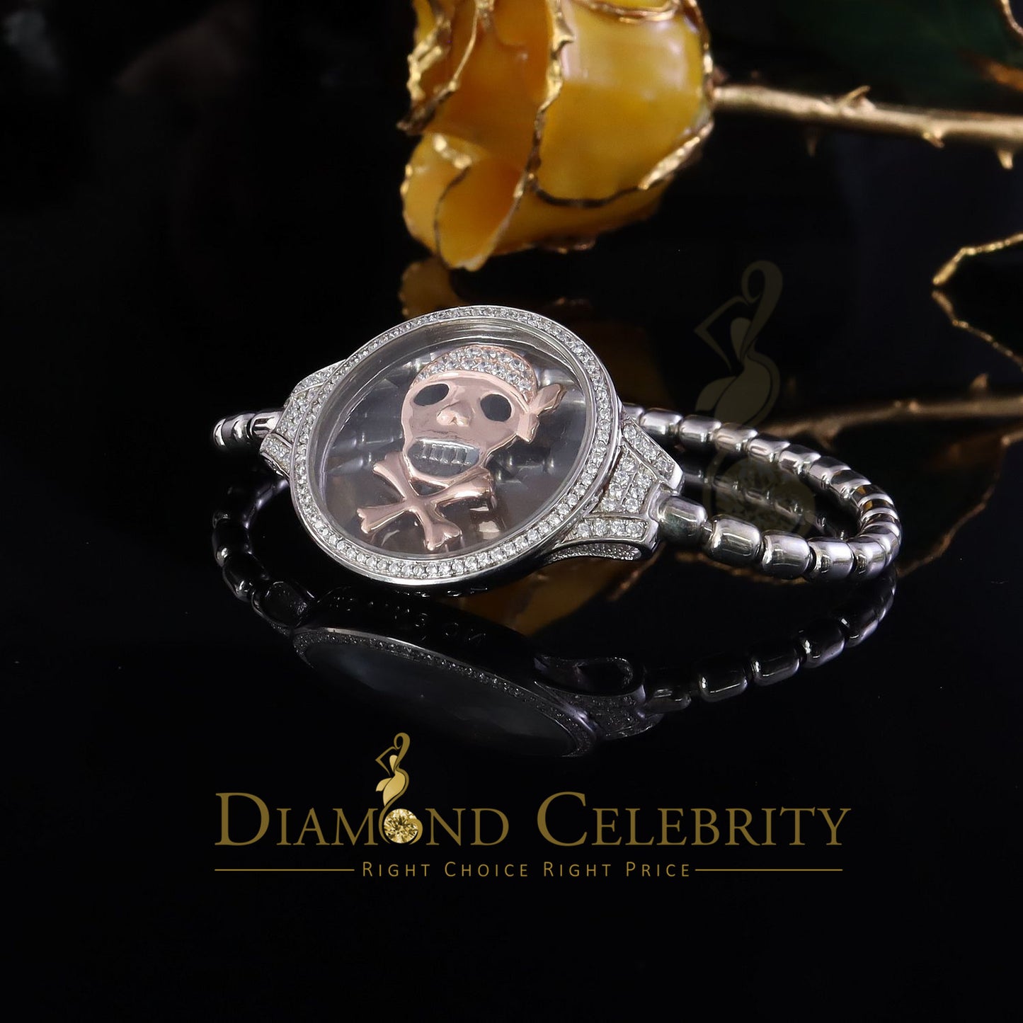 Diamondcelebritees Floating Face Skull Silver White Bracelete Iced Out with Cubic Zirconia SZ 7Inch