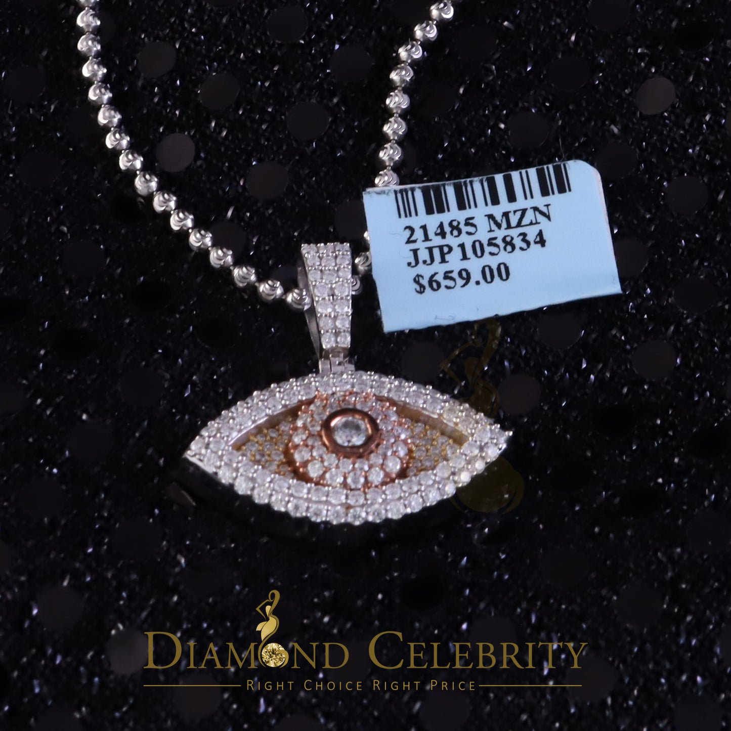 Diamondcelebritees 2CT VVS D Moissanite White Tri Clr Silver Charm Evil Eye 1" Pendant Men & Women