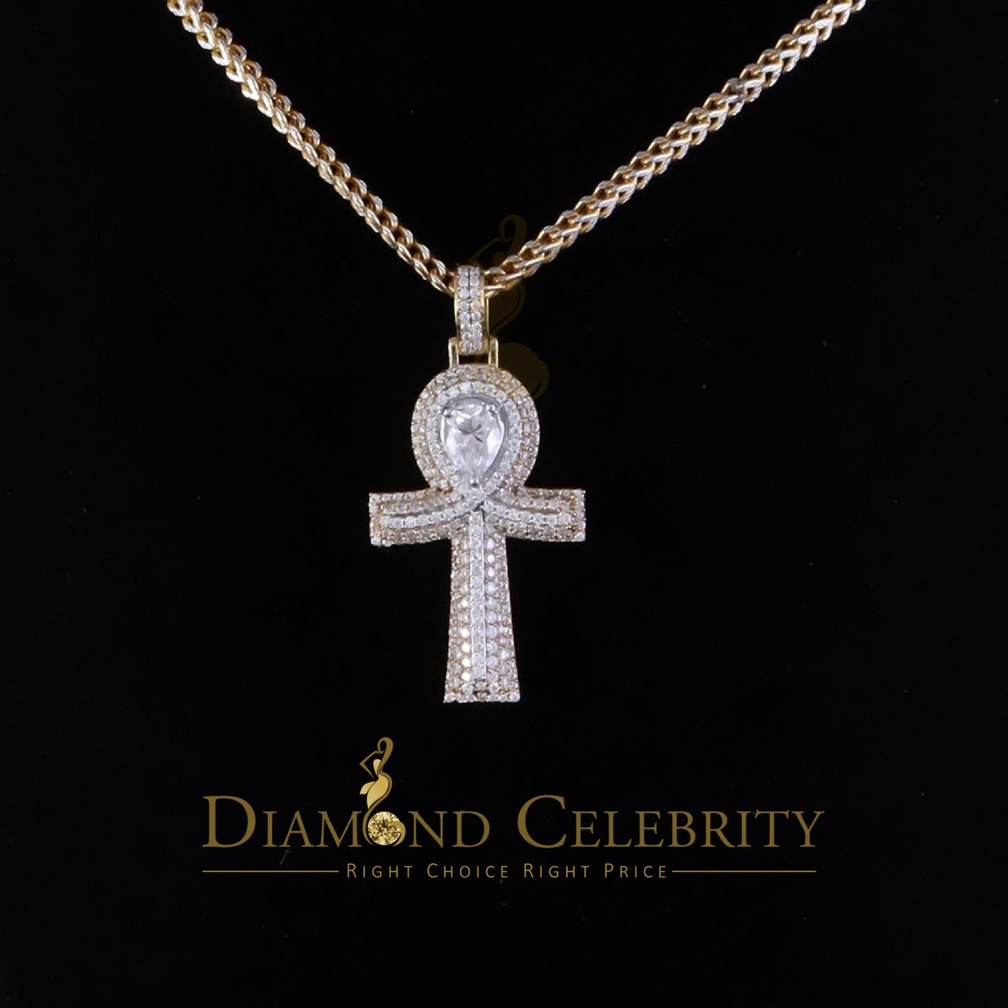 Diamondcelebritees 4.00ct VVS D Pear Shape Stone Yellow Charm Ankh Pendant Mens Silver Moissanite