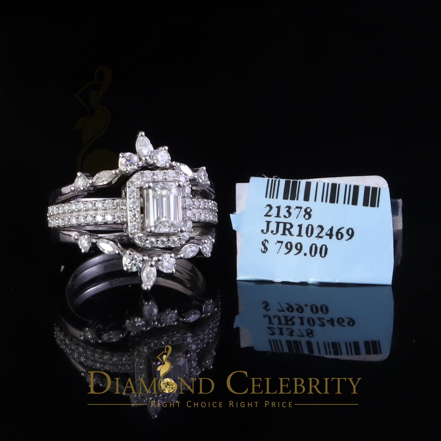 DiamondCelebritees 925 Silver Moissanite White 2.0ct Emerald Cut Round Guard Wrap womens Rings SZ 7