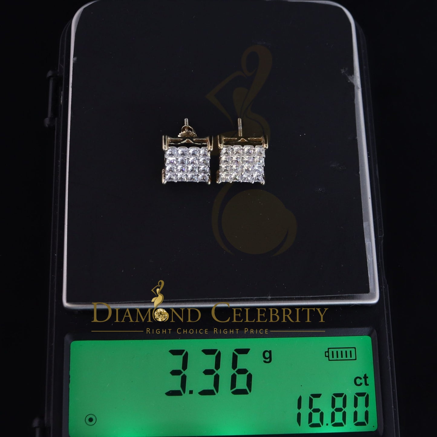 DiamondCelebritees 925 Yellow Silver 2.88ct Cubic Zirconia Women's & Men's Hip Hop Square Earrings