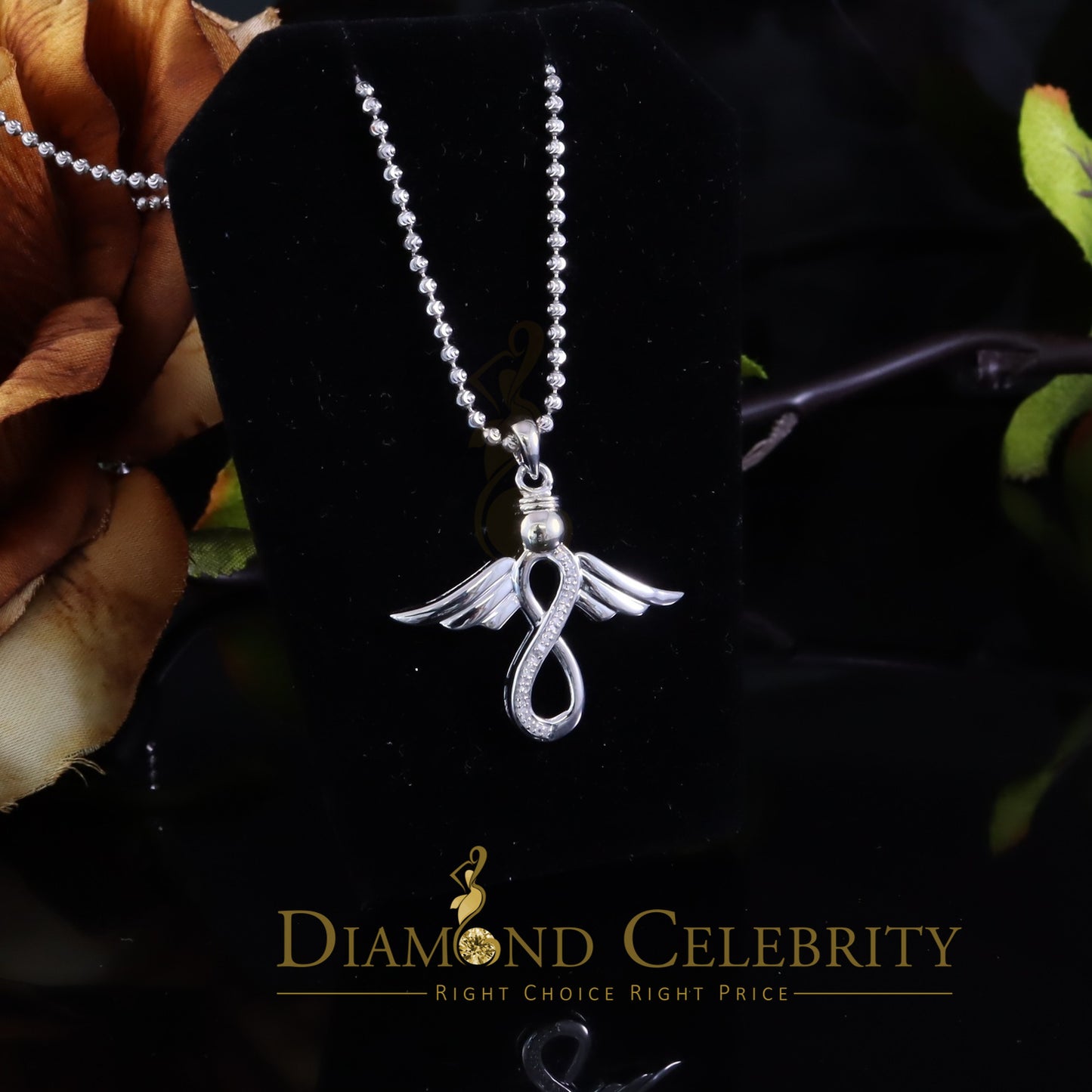 DiamondCelebritees NEW Real 0.05CT Diamond Infinity with Wings Silver White Charm Necklace Pendant