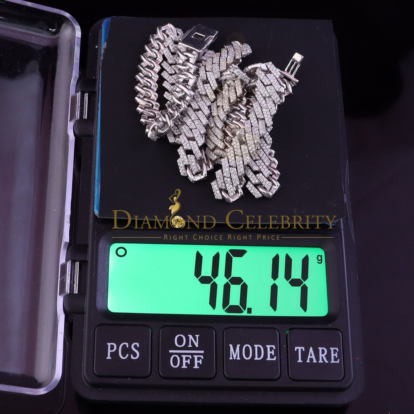DiamondCelebritees White Cuban Moissanite Necklace Wdth 8mm Length sz 20inch Sterling Silver