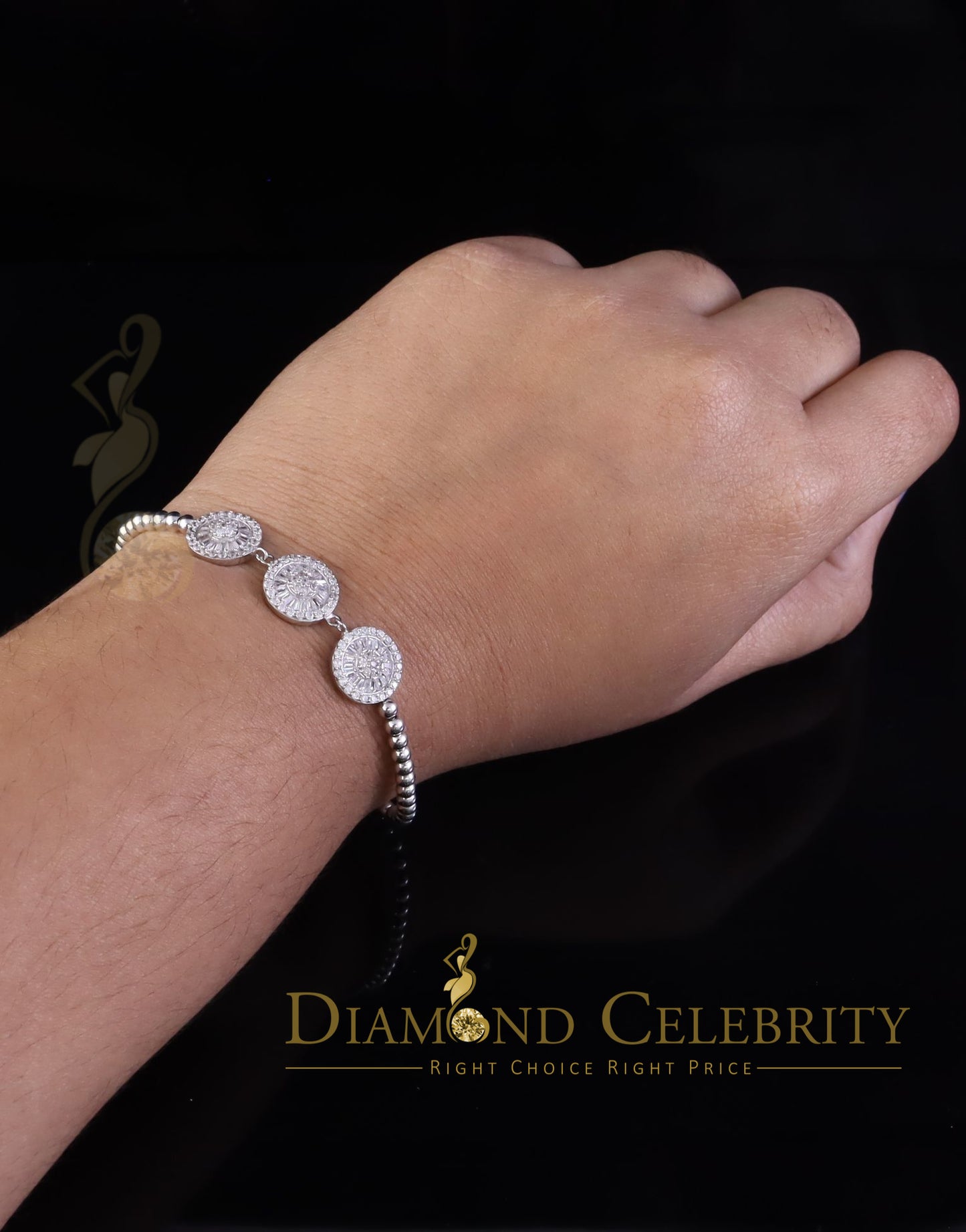 Diamondcelebritees Sterling Silver Fancy Round White Bracelet Cubic Zirconia Adjustable Size 7 Inch
