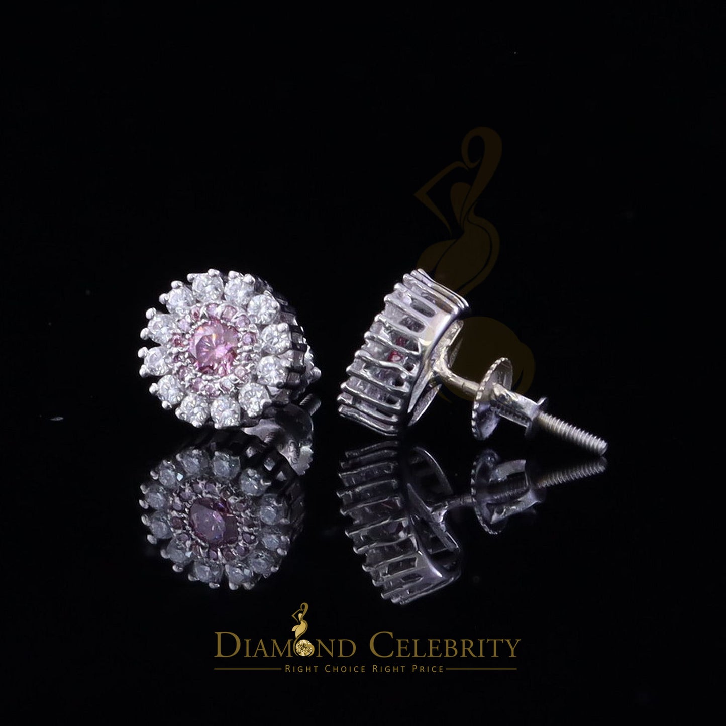 Diamondcelebritees 925 Silver White 1.00ct VVS 'D' Pink Moissanite Round Mens/Women's Stud Earrings