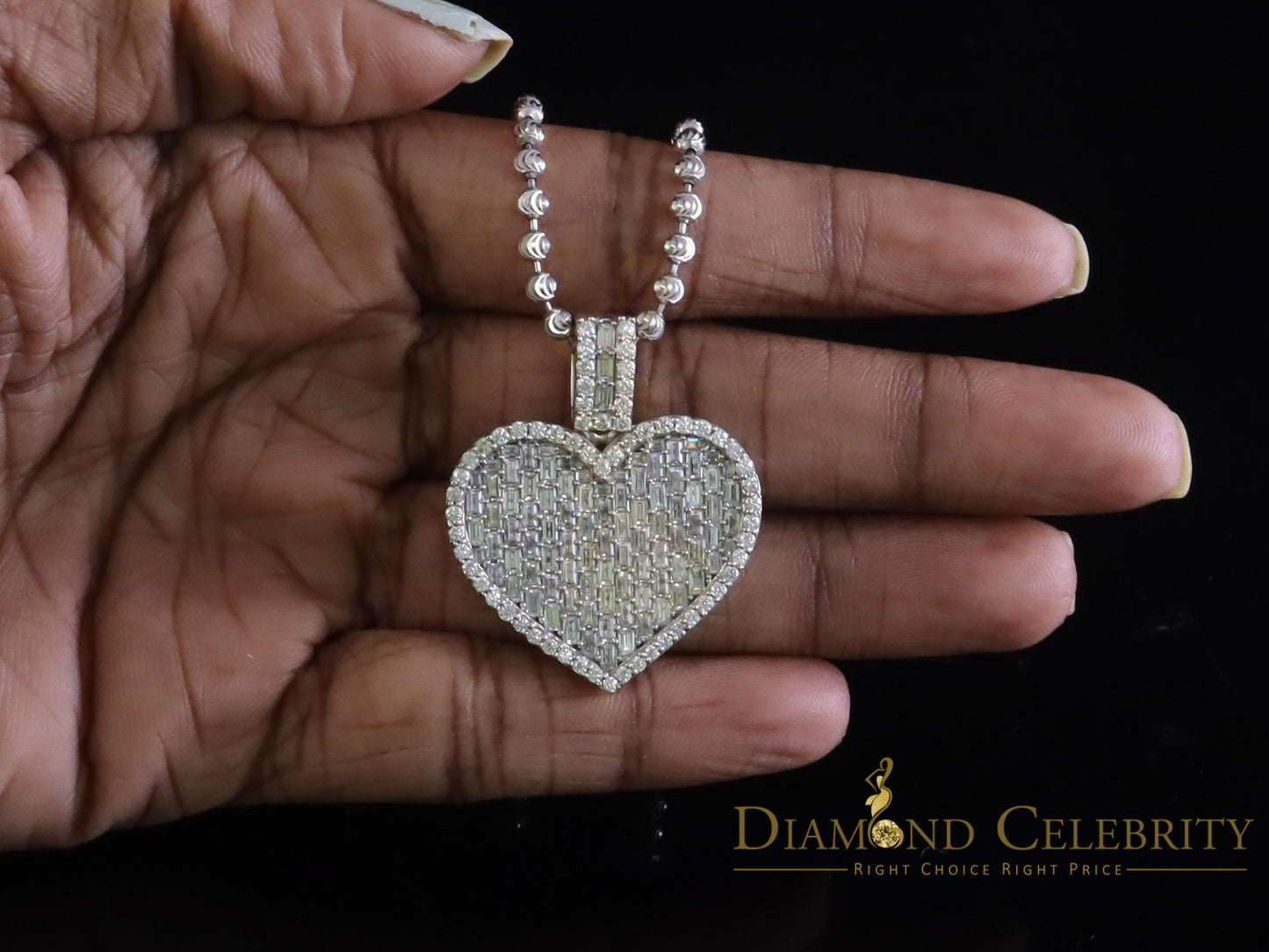Diamondcelebritees 925 White Silver 6.50ct VVS D Clr. Moissanite Bagutte Heart Pendant Women's