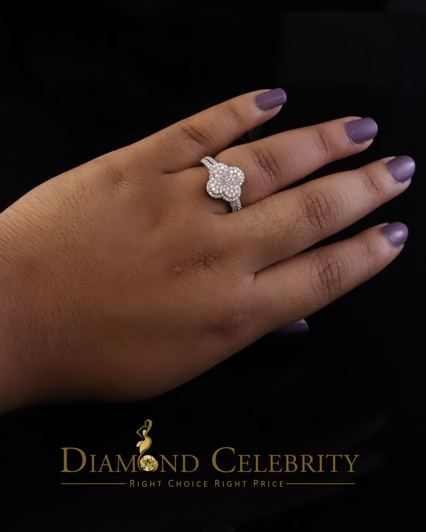 DiamondCelebritees 1.66ct VVS D Clr Clover Silver White Rose For Women's 925 Moissanite Ring Size7