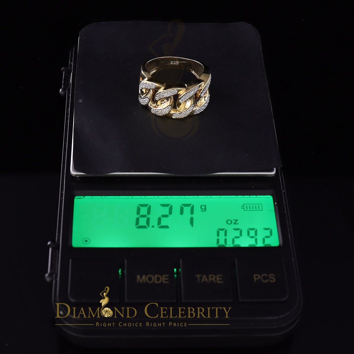 DiamondCelebritees 925 Sterling Silver Yellow Womens Ring Size 8 With Miami Cuban 0.33 CT Diamond