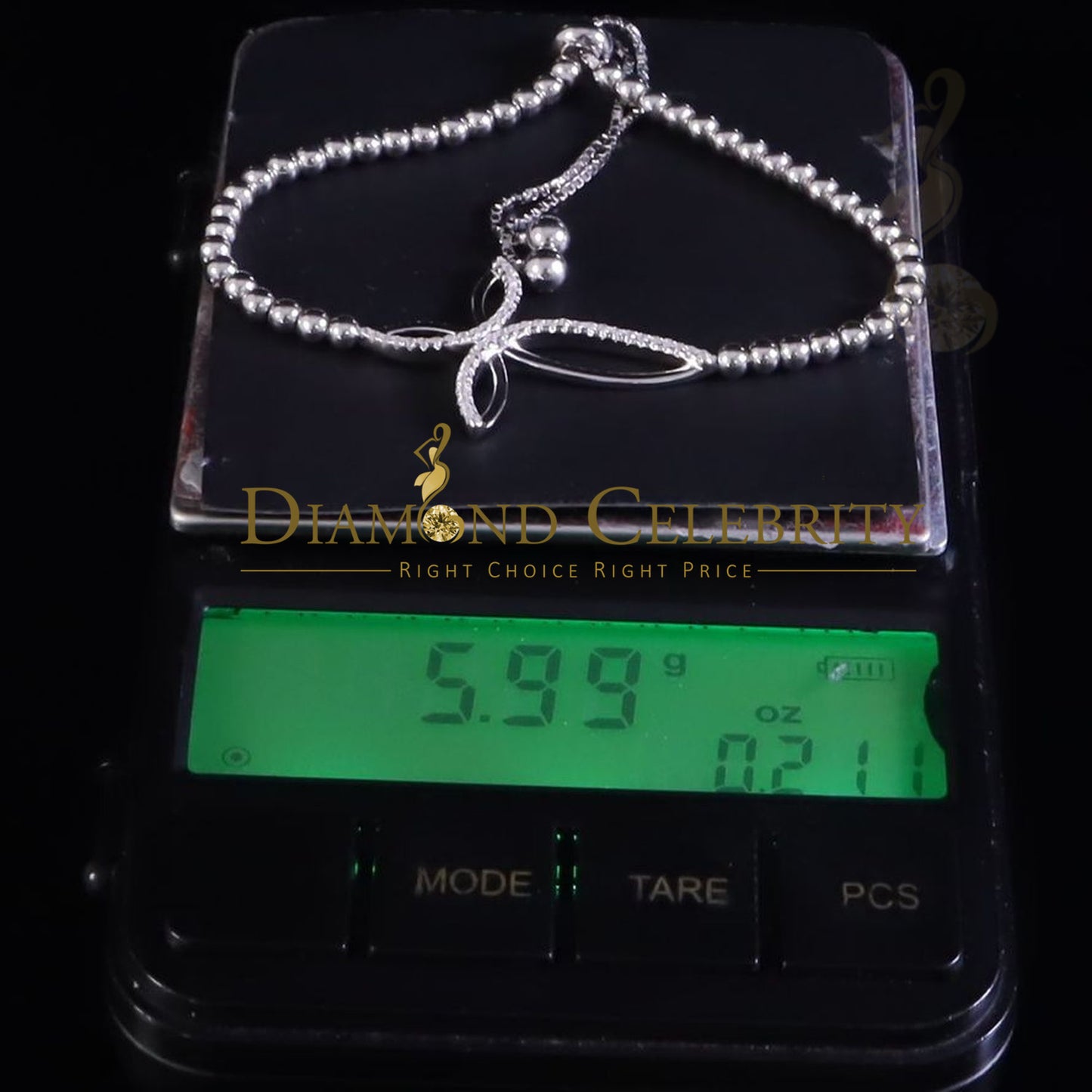 Diamondcelebritees Adjustable Cross Pearl Style Chain White Sterlng Silver Cubic Zirconia Bracelete