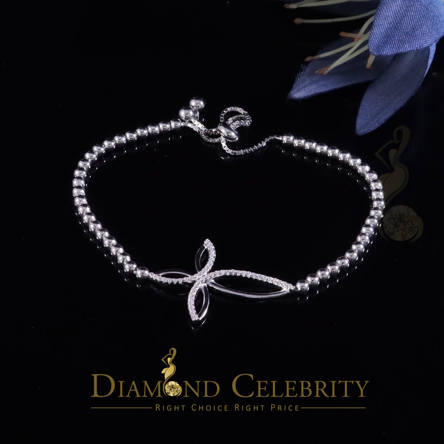 Diamondcelebritees Adjustable Cross Pearl Style Chain White Sterlng Silver Cubic Zirconia Bracelete