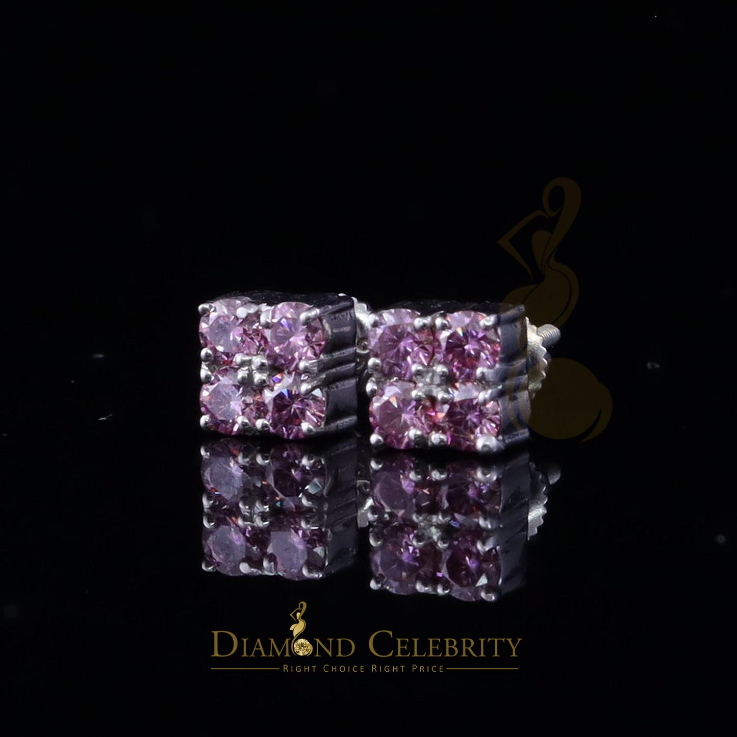 Diamondcelebritees 925 Silver White 1.00ct VVS D Pink Moissanite Square Men's/Women's Stud Earrings