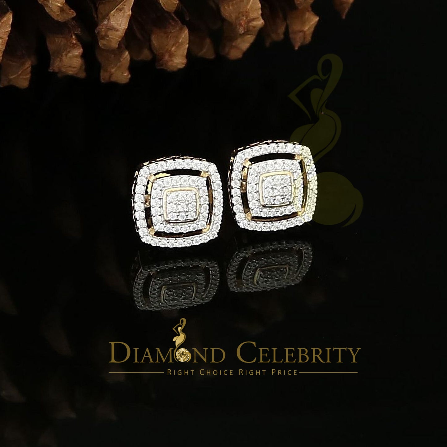 DiamondCelebritees 925 Yellow Sterling Silver 1.22ct Cubic Zirconia Women's Hip Hop Square Earrings